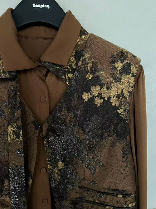 Chestnut Shirt & Jacquard Vest Set – Layered Sophistication