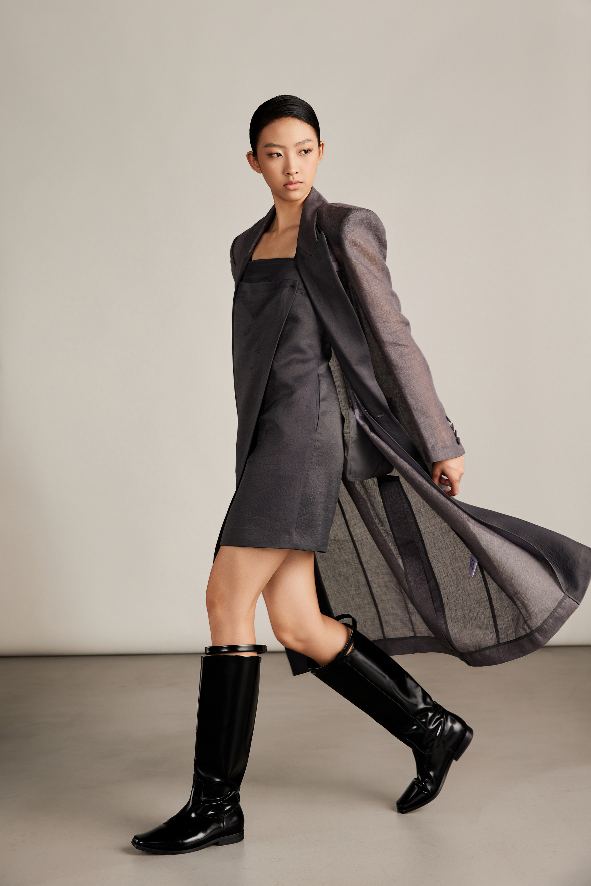 Sheer Tailored Long Blazer & Draped Mini Dress Set