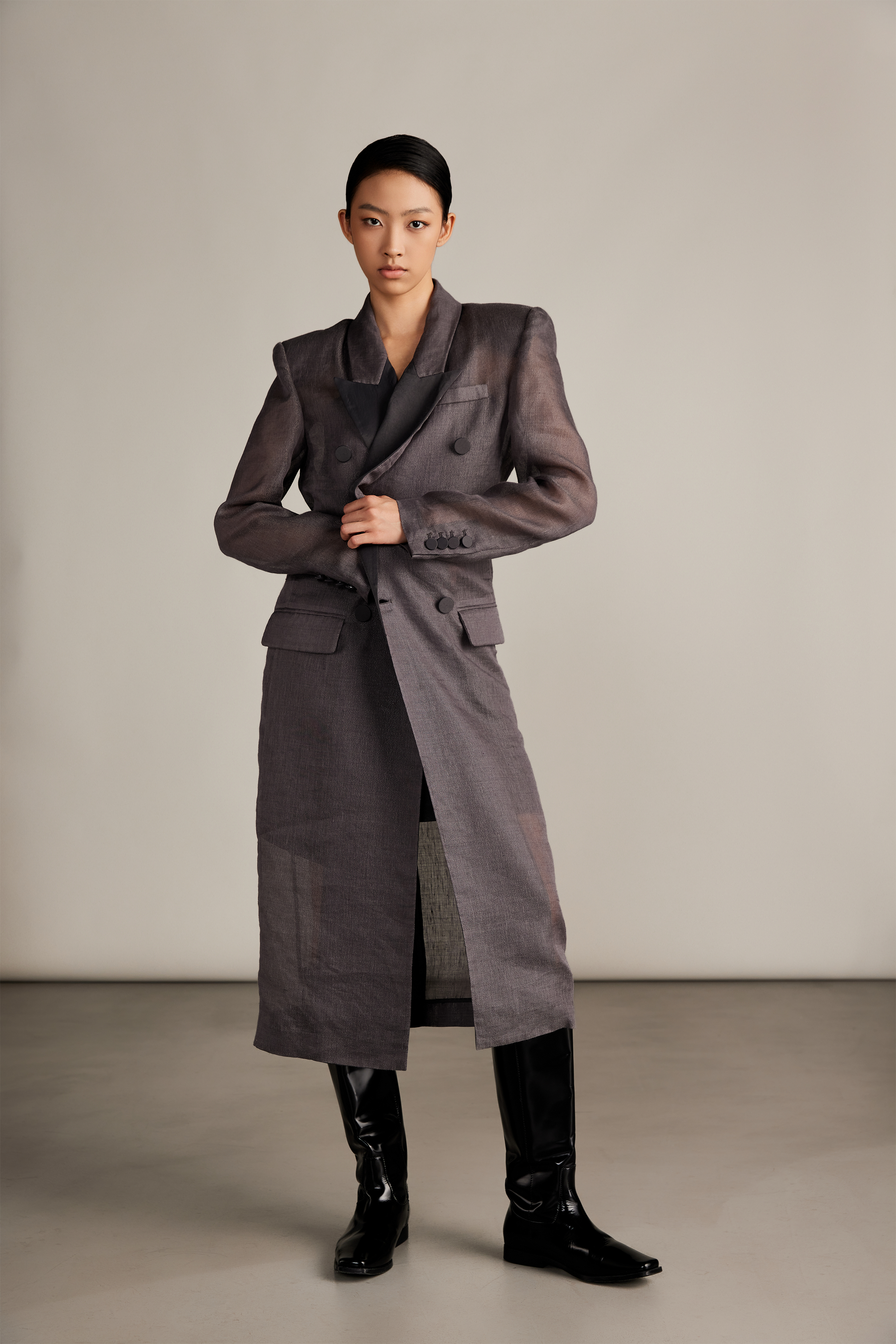 Sheer Tailored Long Blazer & Draped Mini Dress Set