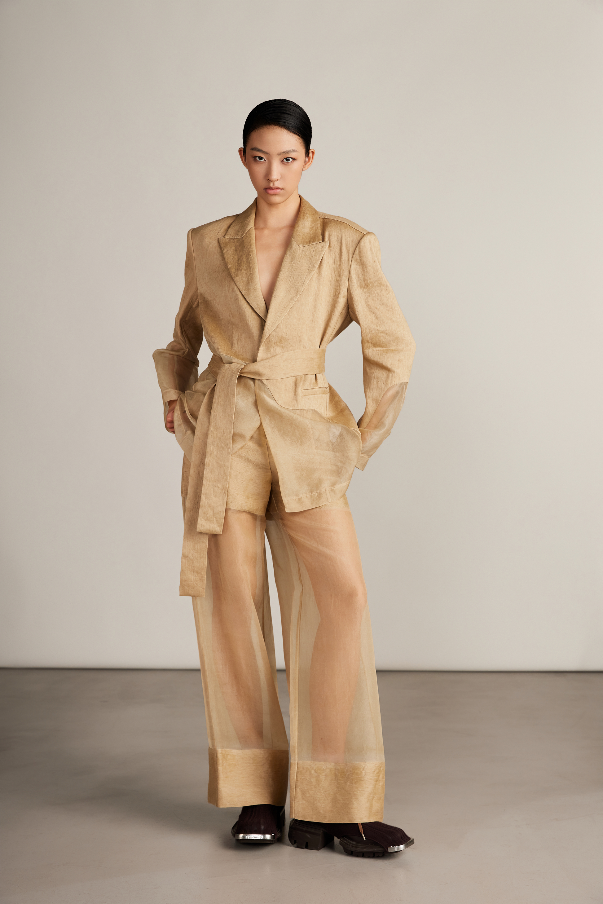 Sheer Wide-Leg Trousers & Textured Belted Blazer Set