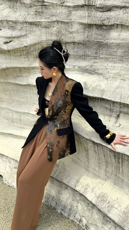 Asymmetrical Floral Jacquard Blazer – Black & Bronze