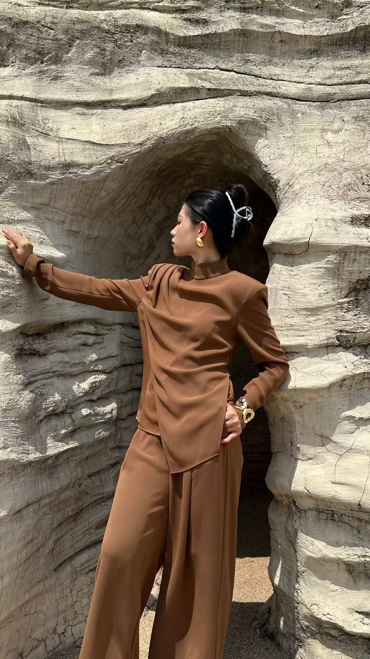 Draped High-Neck Top & Wide-Leg Pants Set – Warm Chestnut