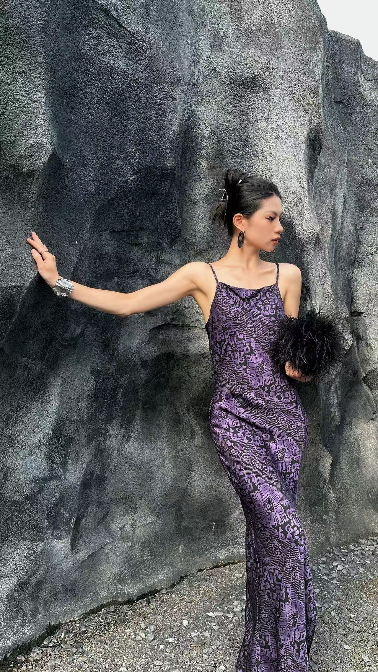 Purple Jacquard Slip Dress – Evening Elegance