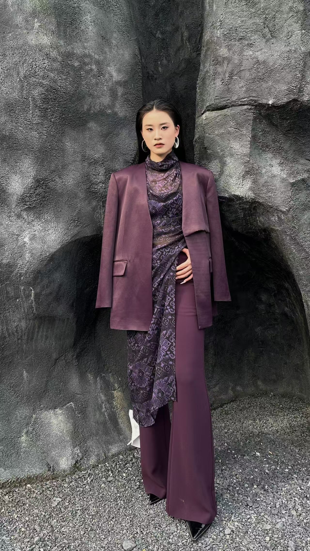 Three-Piece Tailored Set – Plum Jacquard & Satin Blend
