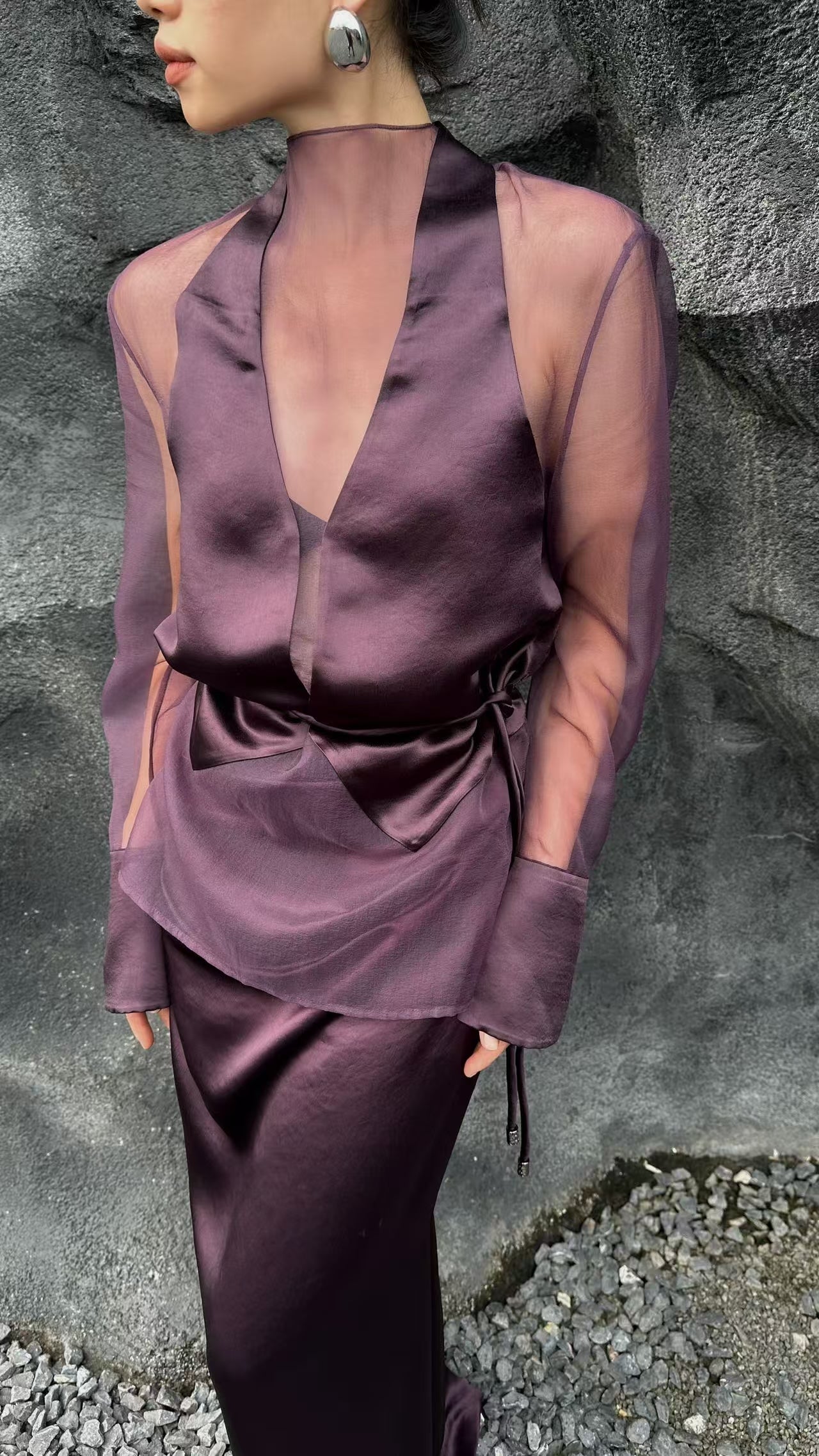 Sheer Tie-Waist Top – Plum Whisper