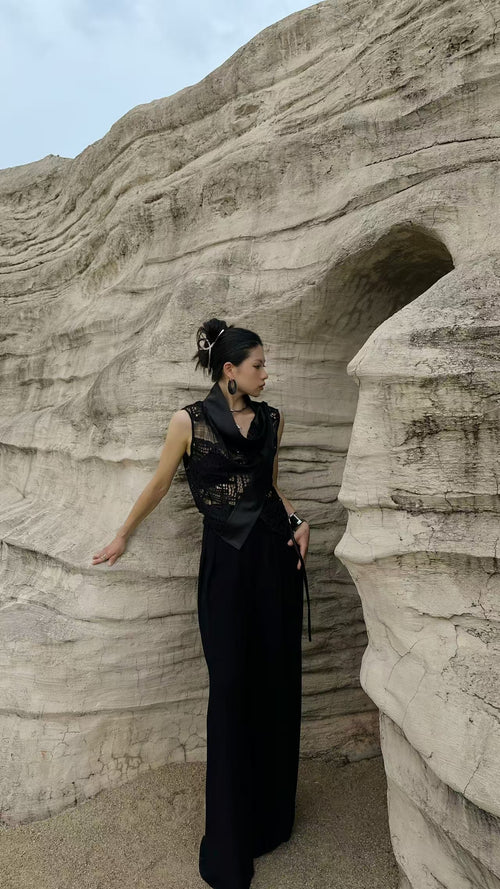 Black Lace Sleeveless Top with Satin Drape – Modern Edge